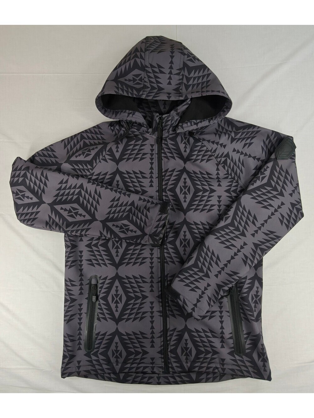 Rank 45 Men’s M Gray Black Aztec Southwestern Softshell Fleece Hooded Jacket